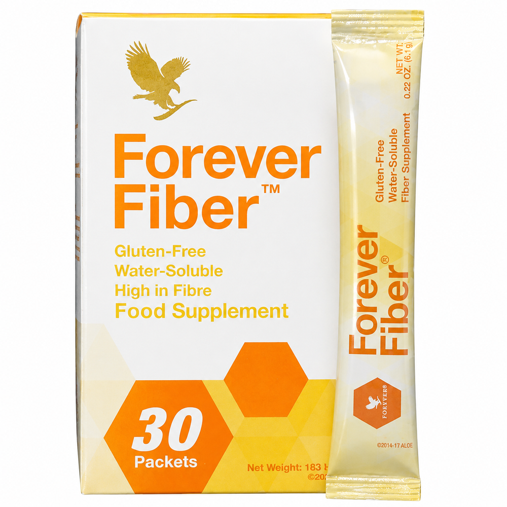 Packshot officiel Forever Fiber™ avec boîte de 30 sachets et sachet individuel