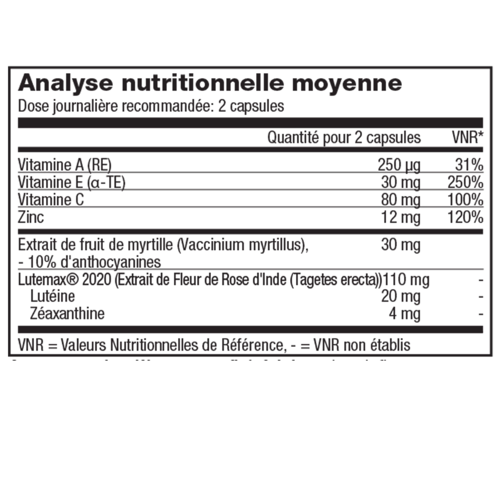 Tableau des valeurs nutritionnelles de Forever iVision™ avec vitamines, zinc, lutéine et zéaxanthine