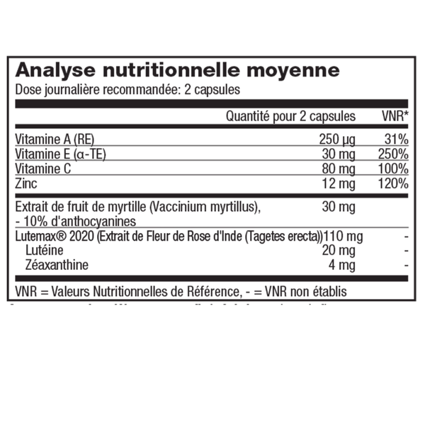 Tableau des valeurs nutritionnelles de Forever iVision™ avec vitamines, zinc, lutéine et zéaxanthine