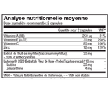 Tableau des valeurs nutritionnelles de Forever iVision™ avec vitamines, zinc, lutéine et zéaxanthine
