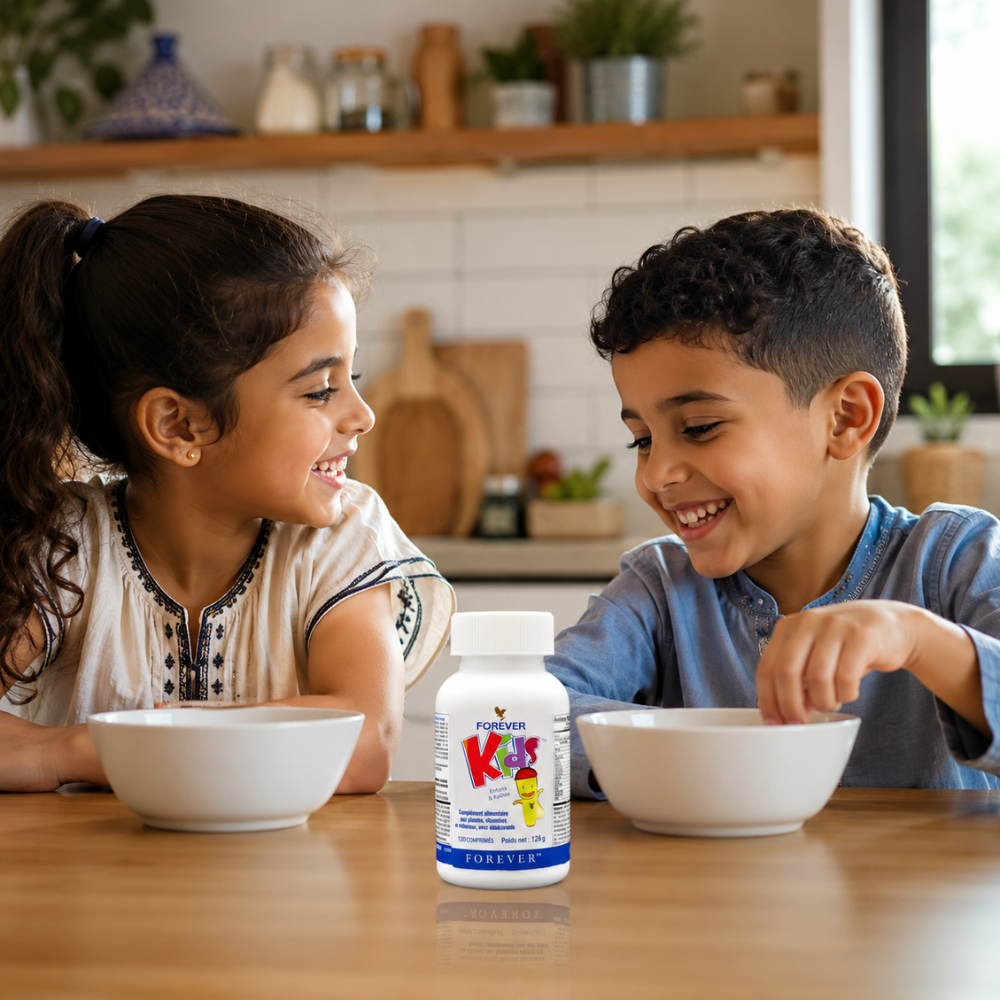 Deux enfants marocains souriants prenant leur petit-déjeuner avec Forever Kids™ dans une cuisine familiale lumineuse
