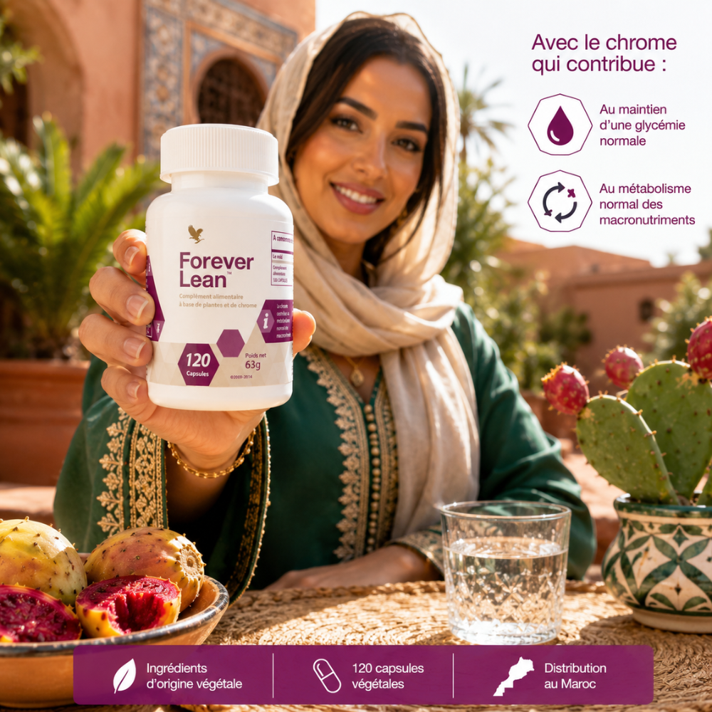 Femme marocaine présentant Forever Lean™ de Forever Living, complément alimentaire à base de NeOpuntia™, haricot blanc et chrome dans un décor inspiré du Maroc.