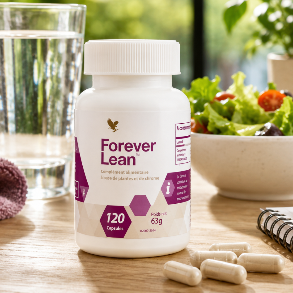 Forever Lean™ posé sur une table avec un verre d'eau, une salade et des gélules, illustrant son utilisation dans le cadre d'une alimentation équilibrée et d'un mode de vie sain.