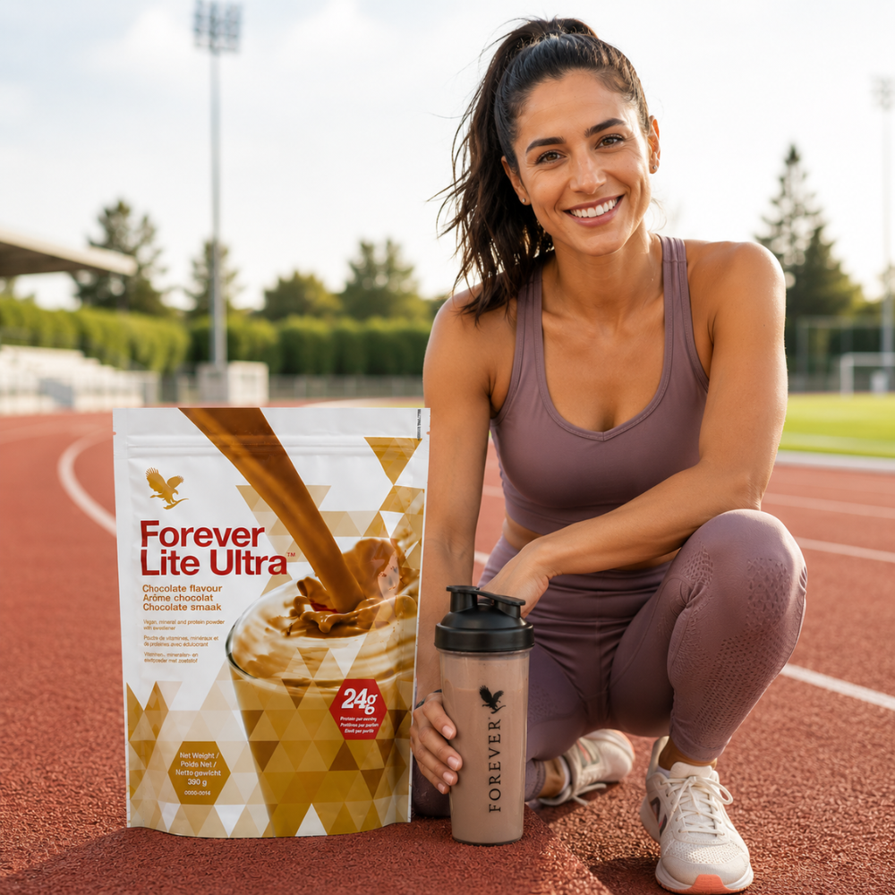 Femme sportive sur une piste d'athlétisme avec Forever Lite Ultra Chocolat après l'entraînement