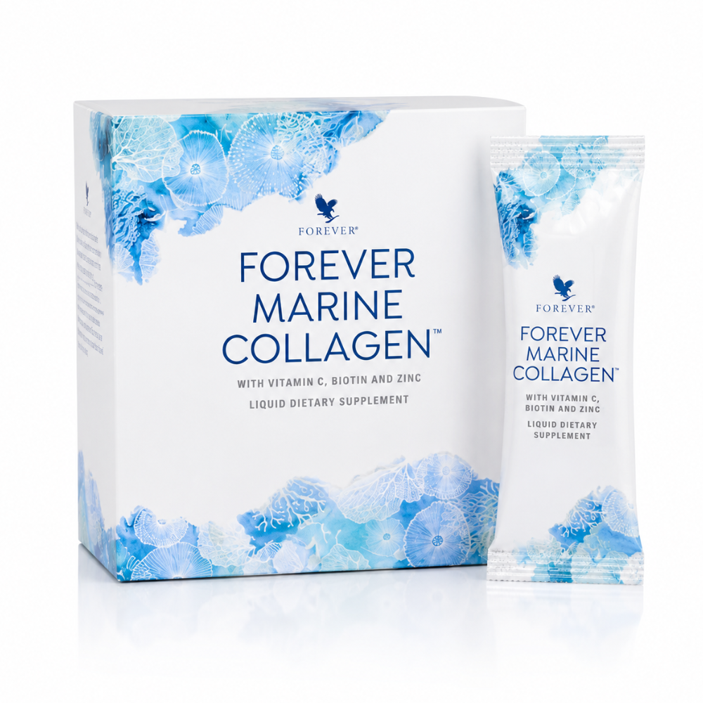 Packshot officiel Forever Marine Collagen avec boîte et sachet sur fond blanc premium