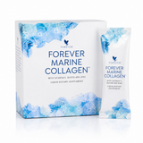 Packshot officiel Forever Marine Collagen avec boîte et sachet sur fond blanc premium