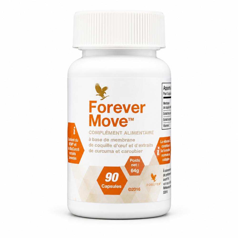 Forever Move™ 90 capsules, complément alimentaire Forever Living avec membrane de coquille d'œuf NEM® et extrait de curcuma BioCurc®, disponible au Maroc.