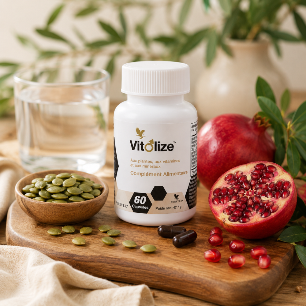 Vitolize Hommes™ avec huile de pépins de courge, grenade, vitamines, zinc et sélénium sur fond en bois naturel