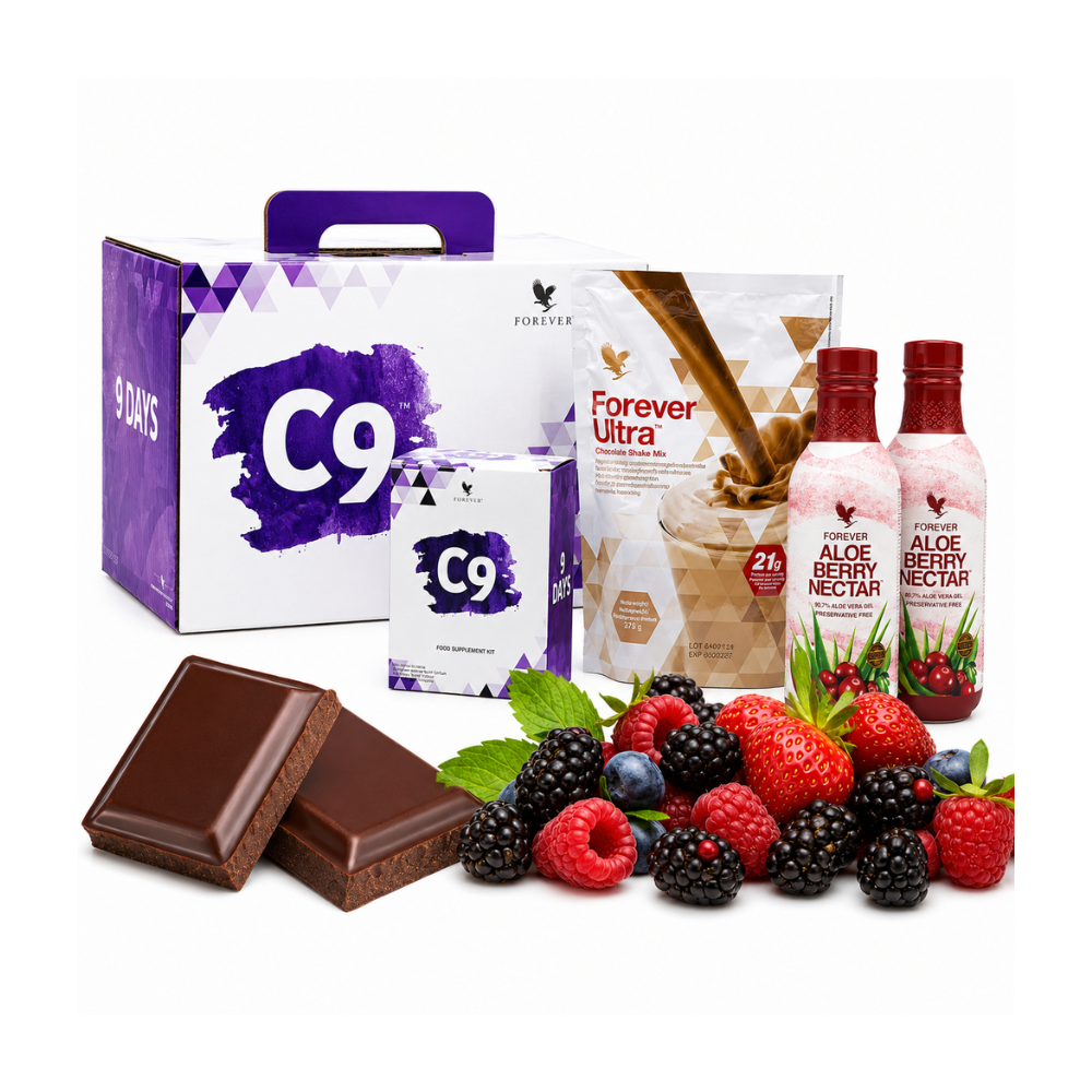 Programme C9™ Berry Chocolat Forever F.I.T. – kit détox 9 jours Forever Living avec Aloe Berry Nectar, Forever Ultra et compléments alimentaires