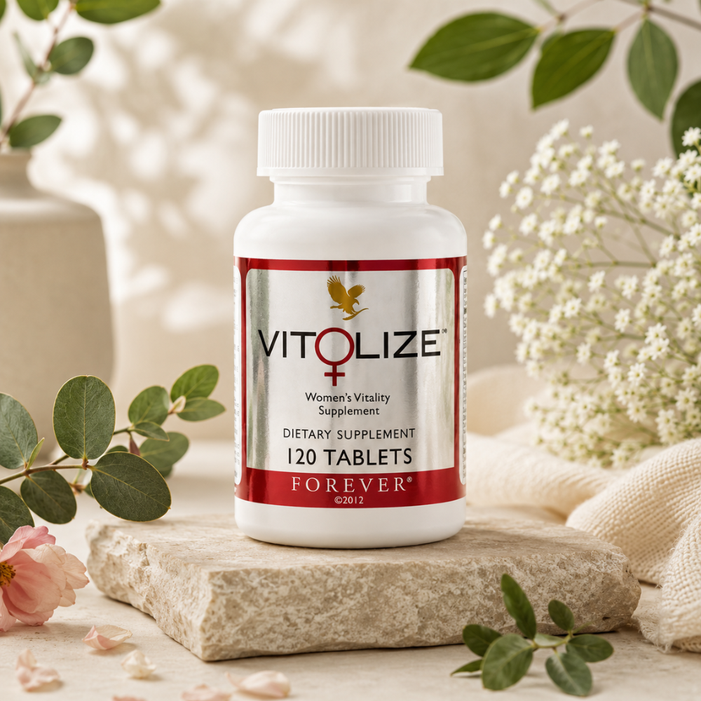 Flacon Vitolize Femmes Forever Living dans une ambiance naturelle évoquant le bien-être féminin