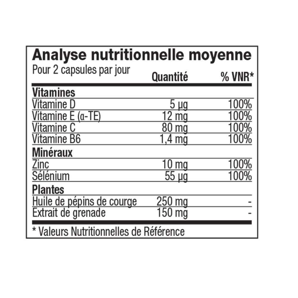 Tableau des valeurs nutritionnelles de Vitolize Hommes™ avec vitamines, zinc, sélénium, huile de pépins de courge et extrait de grenade