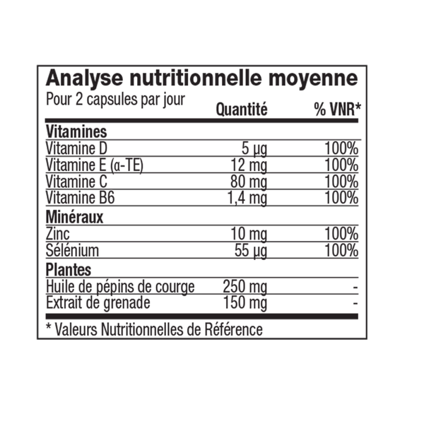 Tableau des valeurs nutritionnelles de Vitolize Hommes™ avec vitamines, zinc, sélénium, huile de pépins de courge et extrait de grenade